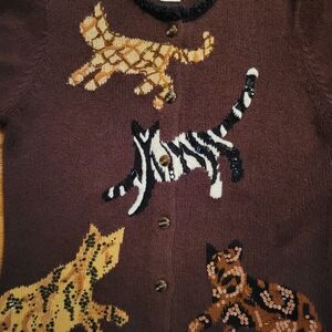 Vintage Susan Bristol Med Brown Cardigan In A Whimuscal Cat's Design, SZ Pet Med